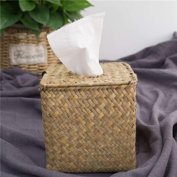 Seagrass tissue box cover set of 2 woven rattan tissue holder bathroom bedroom - Picture 6 of 7